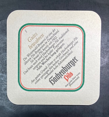 HACHENBURGER PILS 3.5 INCH SQUARE  BEER COASTER 5 GUTES BEWAHREN
