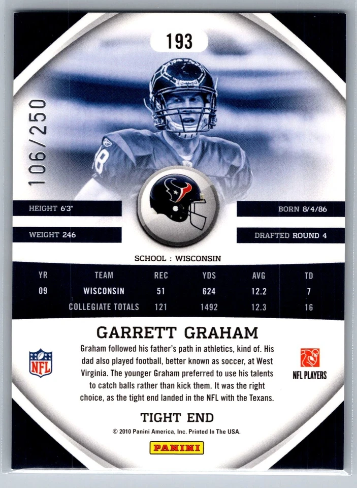 2010 PANINI GRIDIRON GEAR FOOTBALL 193 GARRETT GRAHAM SILVER X 106/250 TEXANS - Image 2 of 2
