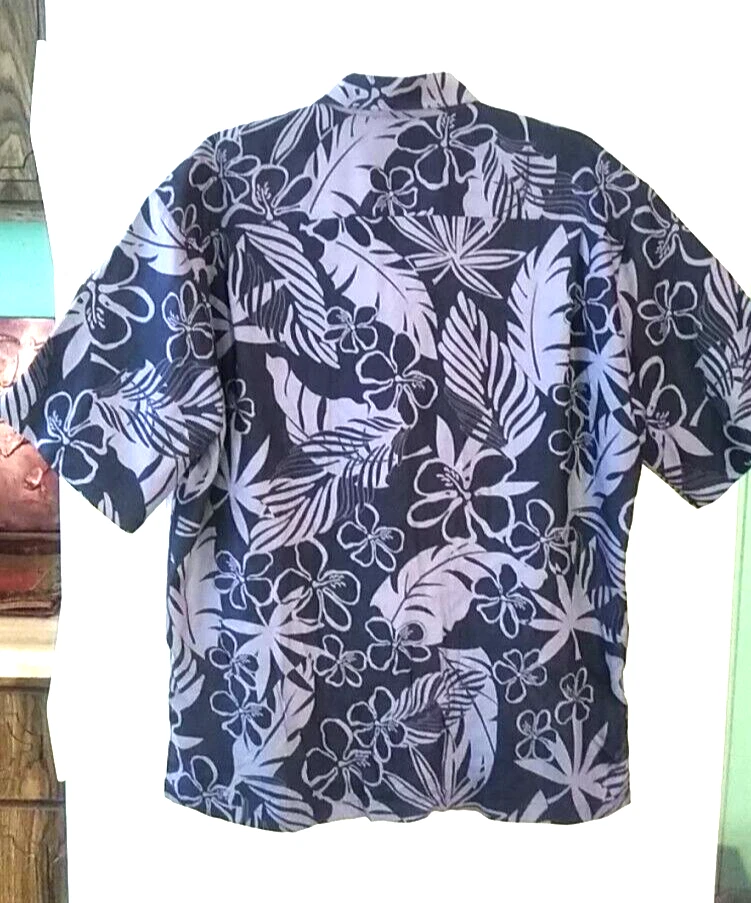 CAMISA DE CAMPAMENTO HAWAIANA 100% SEDA ESTAMPADO FLORAL NEGRO HILO HATTIE HOMBRE TALLA M Foto 2 de 3