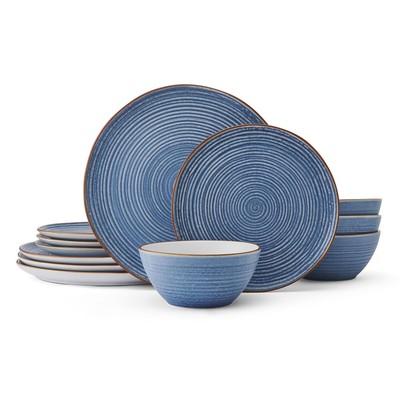 Rowan Blue 12 Piece Plate Bowl Dinnerware Set Service For 4