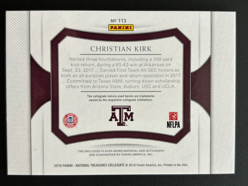 Christian Kirk 2018 Panini National Treasures Collegiate Patch Auto RC (49/99) - Image 2 of 2