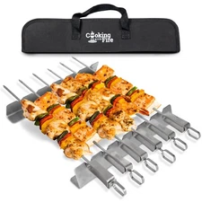 Metal Skewers for Kabobs Plus Skewer Racks - BBQ Skewers for Grilling W/ Case