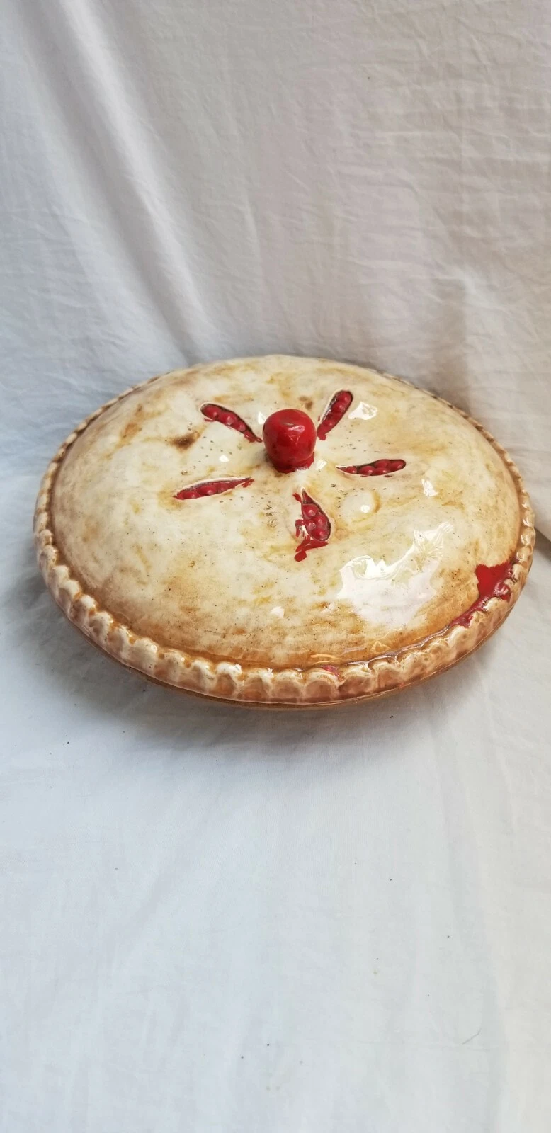 Vintage Large Cherry Pie Pan with Lid Porcelain Decorative Cherries
