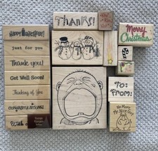 Lot Of 17 Christmas Holiday Rubber Wood Mounted Stamps Snowman Greetings Labels