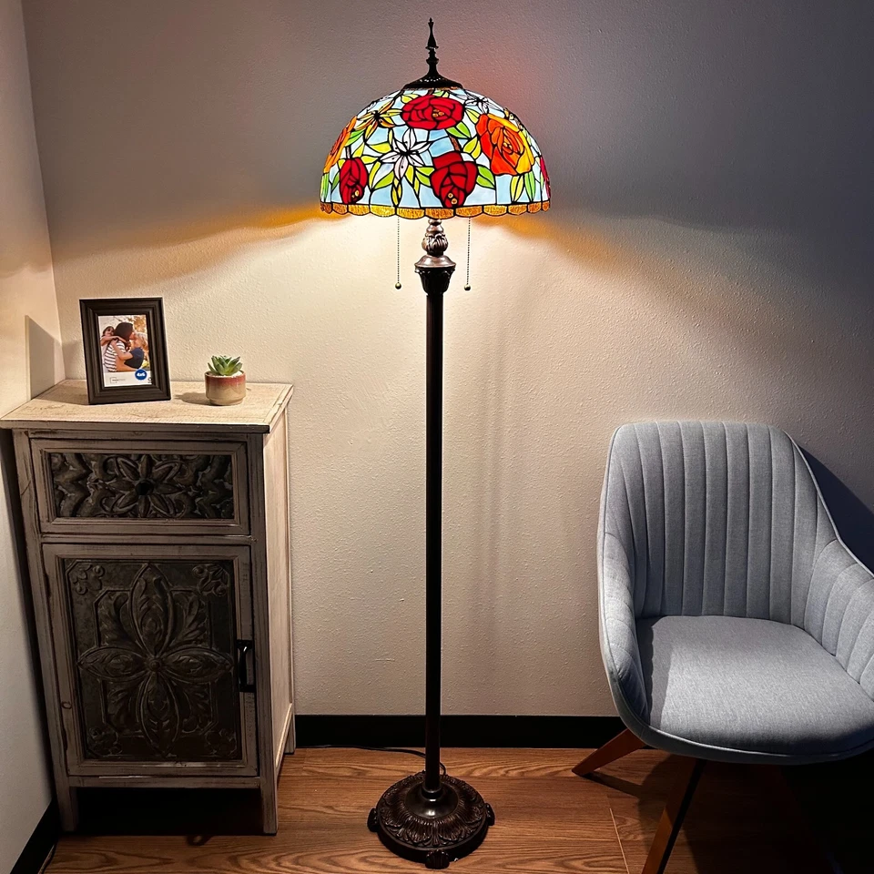 Tiffany Style Floor Lamp Blue Red Stained Glass Rose Flowers 16"W*16"D*64"H - Image 3 of 4