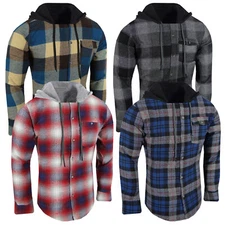 Plaid Flannel Shirt Hoodie Mens Lightweight Button Up Pocket No Lining Slim Fit