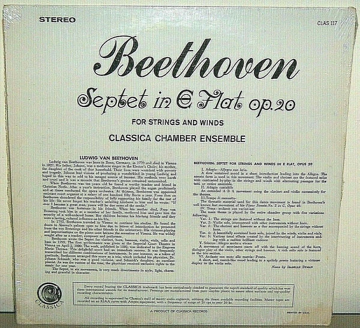 SHRINK) BEETHOVEN SEPTET IN E FLAT OP.20 VINYL LP CLASSICA CHAMBER