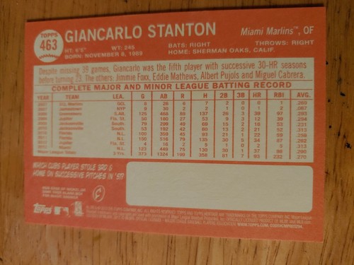 2013 Topps Heritage Giancarlo Stanton red border parallel, card #463 - Picture 2 of 2