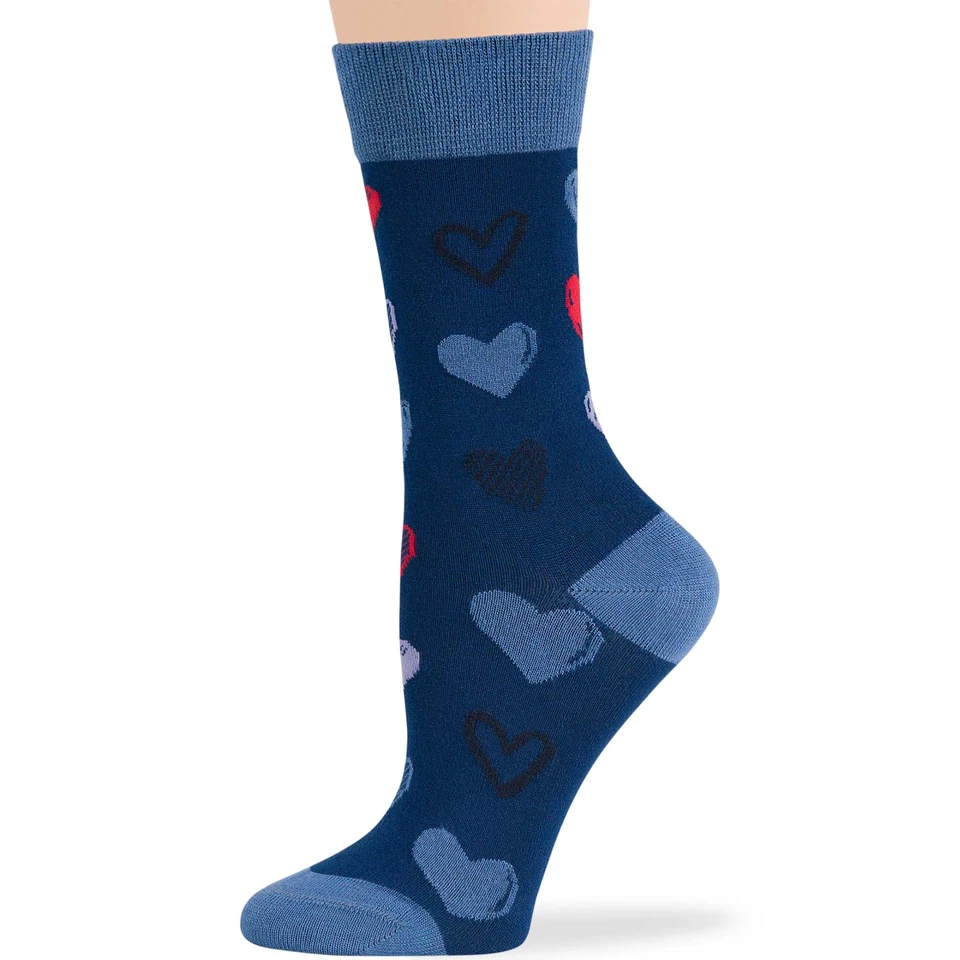 Women Bamboo Patterned Dress Crew Socks Large 4 Pack Hearts Stripes Blue Navy - Image 3 of 4
