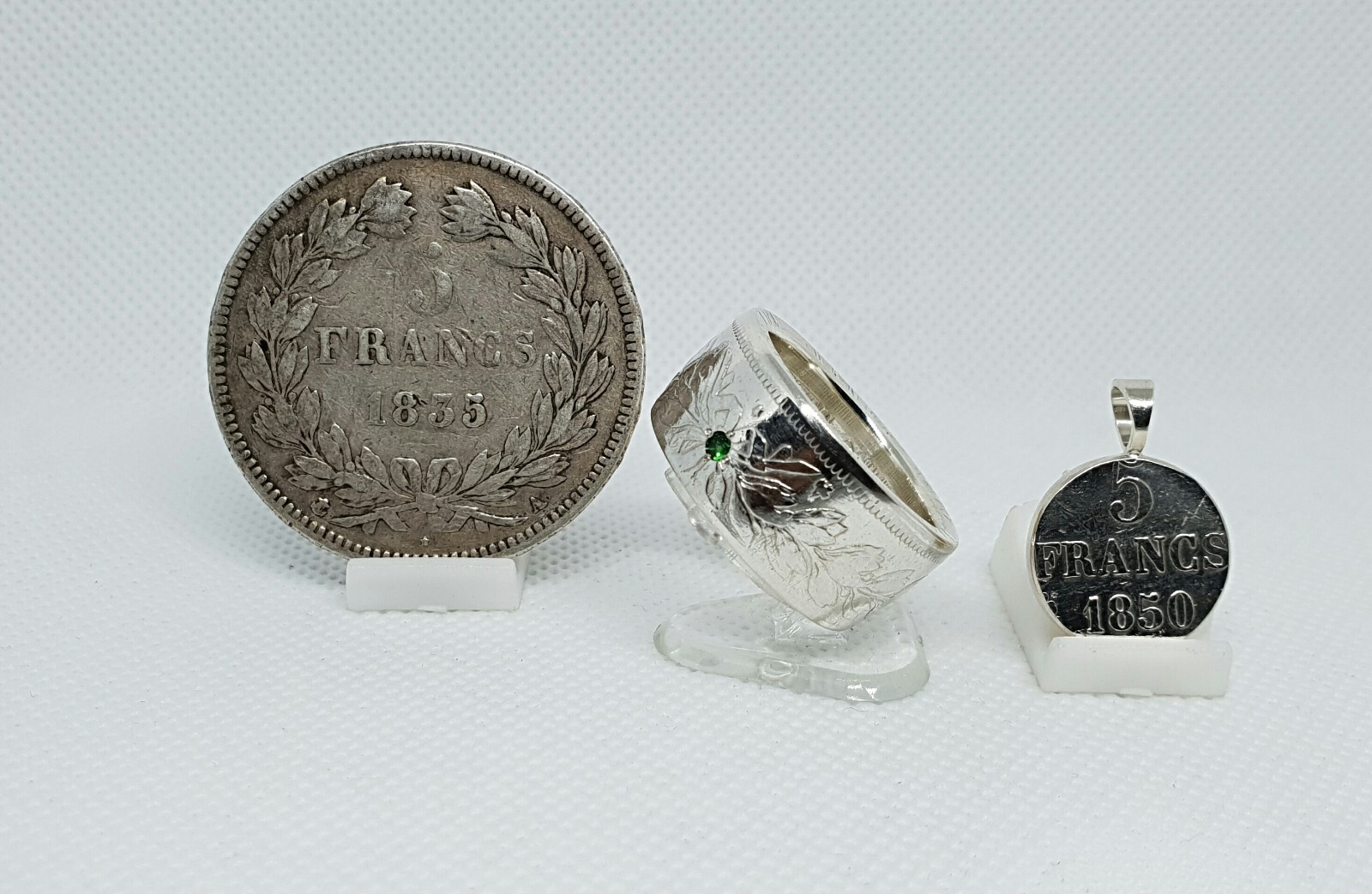 Bague 5 Francs Louis Philippe argent réglable et tsavorite verte