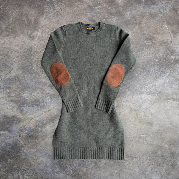 Rugby Ralph Lauren Womens Shetland Wool Knit Dress Green Size S/8 Suede Elbows