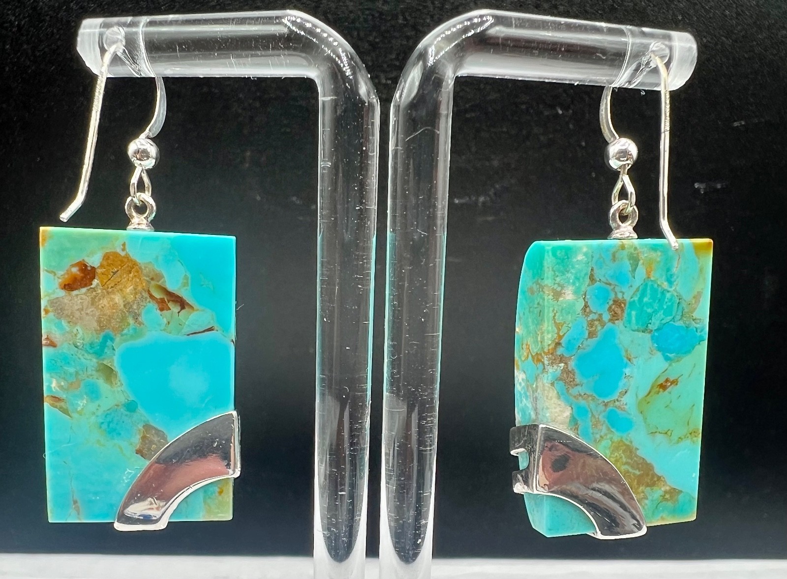 Large Blue Turquoise Rectangular Earrings 925 Ste… - image 4