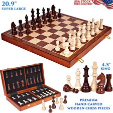 LARGE HAND-CARVED WOODEN CHESS SET HAND CARVED PIECES FOLDING TOURNAMENT GAME