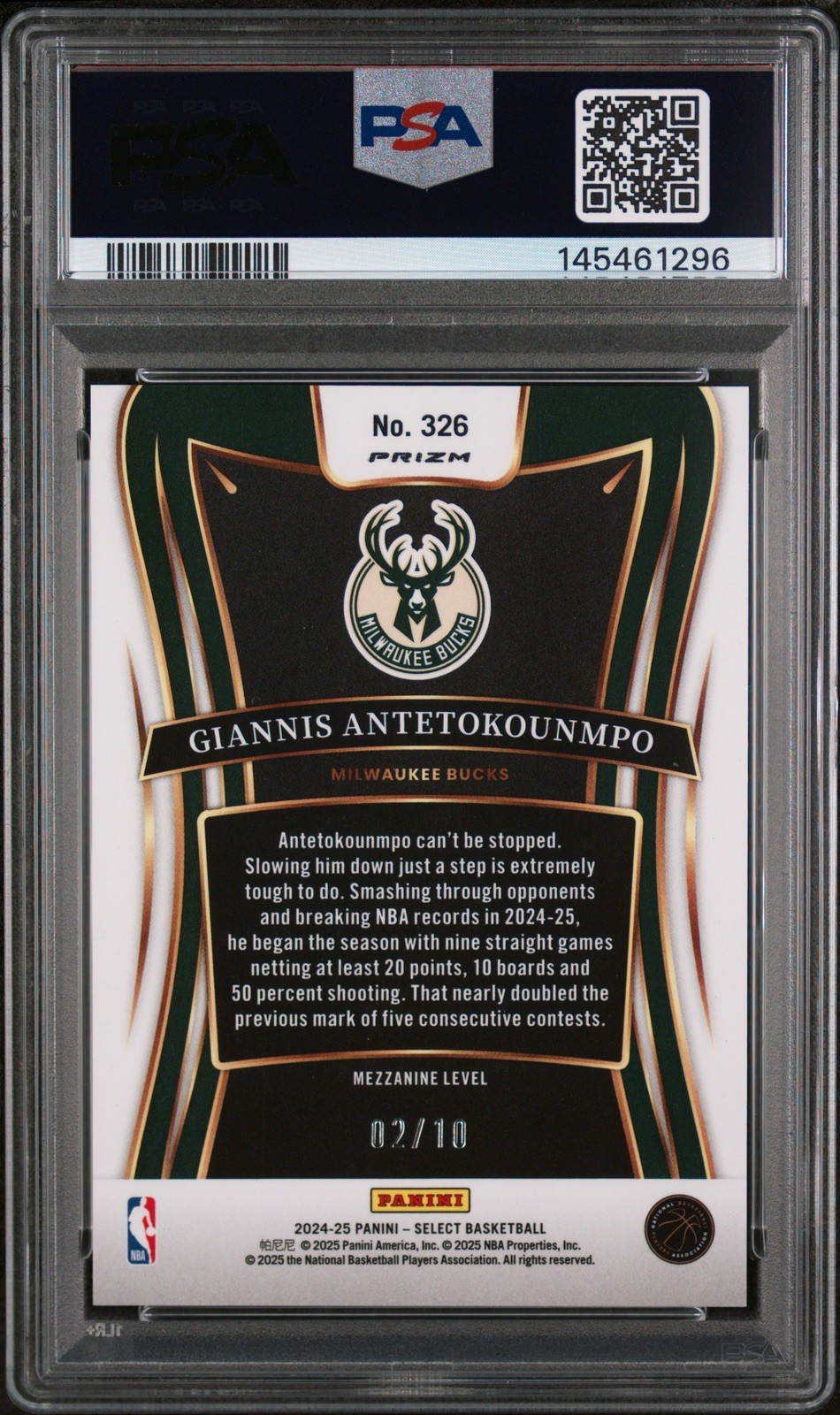 2024 PANINI SELECT GOLD CRACKED ICE #326 GIANNIS ANTETOKOUNMPO 2/10 PSA 10 view 2