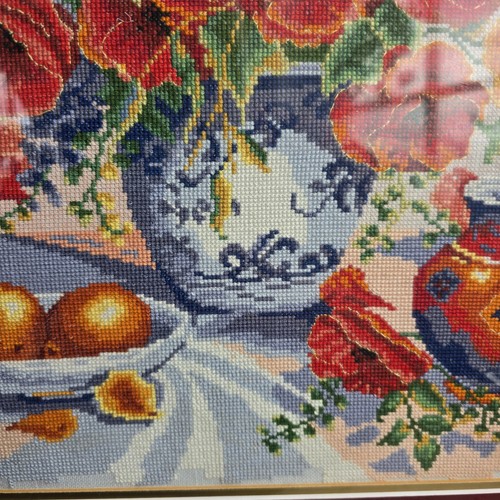 Vintage Needlepoint Poppy Crossstitch Wild Flower Embroidery Tapestry Framed - Picture 15 of 24
