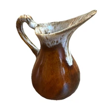 Vintage Drip Glaze Pottery Pitcher Brown & White Mid Century Ceramic Jug Vase