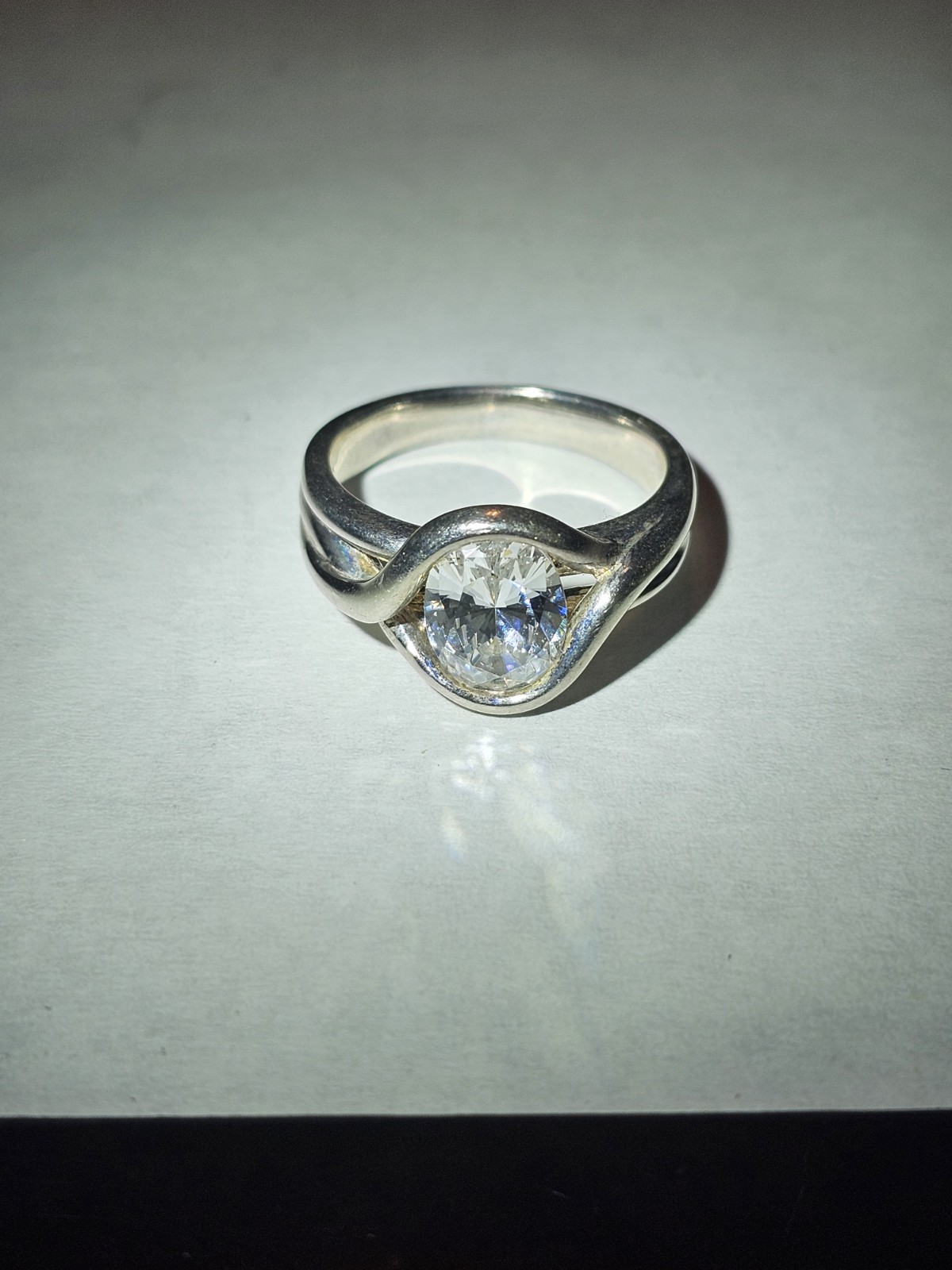 925 Sterling Silver Large Oval CZ Solitaire Bypass Engagement Style Ring —Size 7