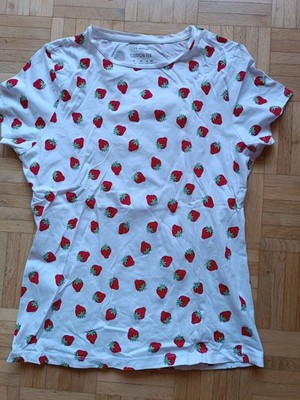 Primark Cotton Tee T-Shirt weiß rot Erdbeeren 42 Baumwolle Kurzarm