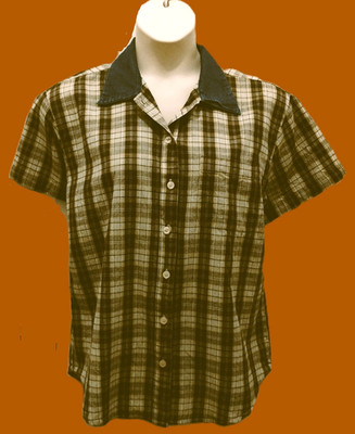 EUC Classic Elements S/S Top-Brown/Beige Plaid, Blue Denim Collar-Women's Sz Lg