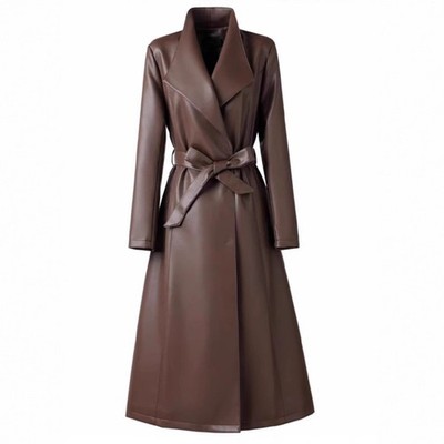 New Pu Leather Jacket Trench Coat Long Lapel Collar Womens Belted Overcoats New