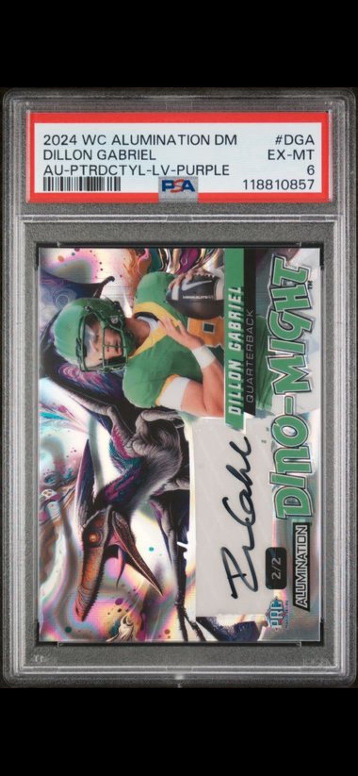 2024 Wild Card Alumination Dillon Gabriel Dino-Might Autograph Purple 2/2 PSA 6