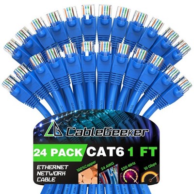 24 PCS Cat 6 Ethernet Patch Cables Snagless RJ45 Network Internet Blue 1 ft