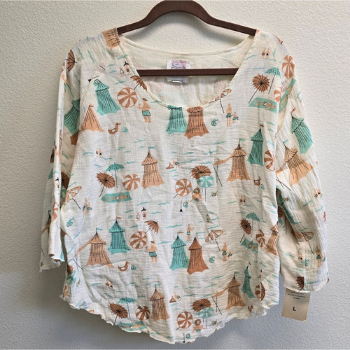 Serbin Sport Vintage Deadstock Strand Print 100% Baumwolle Bluse Größe Large - Bild 1 von 9