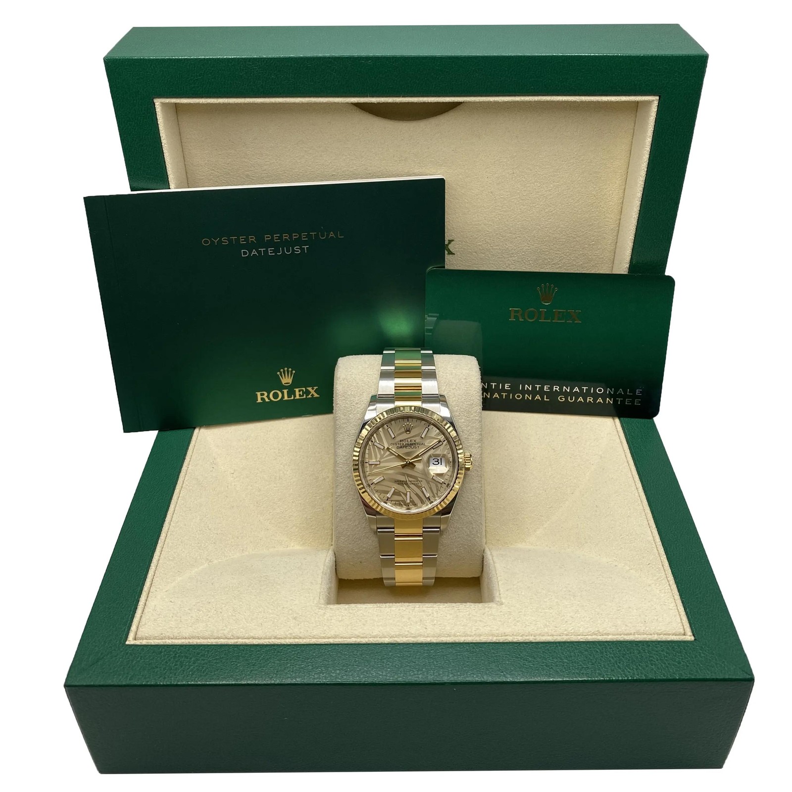 Rolex Datejust 126233 Yellow Gold Steel Champagne Palm Motif Dial Watch B&P