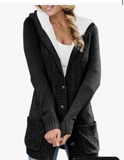 Women s cardigan Sweater Black Hooded Warm Fleece-lined Button-down Jacket