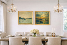 Paire tableaux marines vintage signés FROLA 1965-67 – bateaux port coucher de so