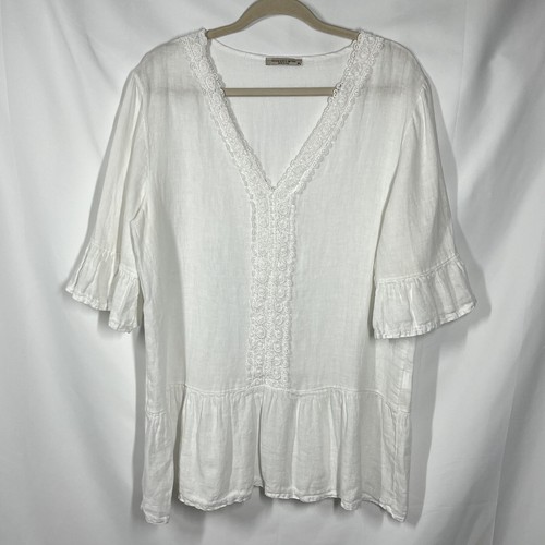 Francesca Bettini M 100% Linen Blouse Top White Made In Italy Lace Crochet Boho