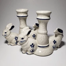 VTG Potting Shed POTTERY 93 CRACKLE GLAZE BLUE WHITE RABBIT BUNNY CANDLE HOLDERS