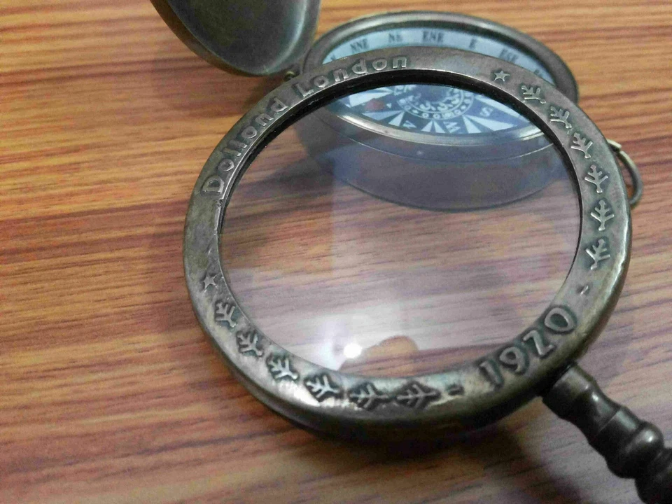 Antique Brass Magnifying Glass With Brass Nautical Lid Compass Collectible Style - Image 3 of 4