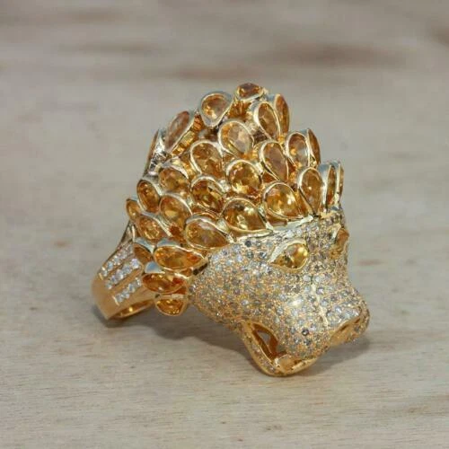 Anillo redondo de diamantes y morganita melocotón de 3 quilates con cabeza de león de oro amarillo de 14 quilates FN Foto 3 de 4