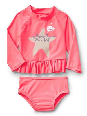 Baby Gap Girl's Sassy Pink Star Peplum Two Piece Rashguard Swim Suit NWT 0-6 M