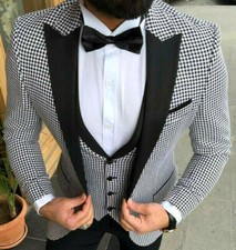 Mens Designer Pepita Tuxedo Wedding Party Suit Waistcoat Fitted Slim Fit 52