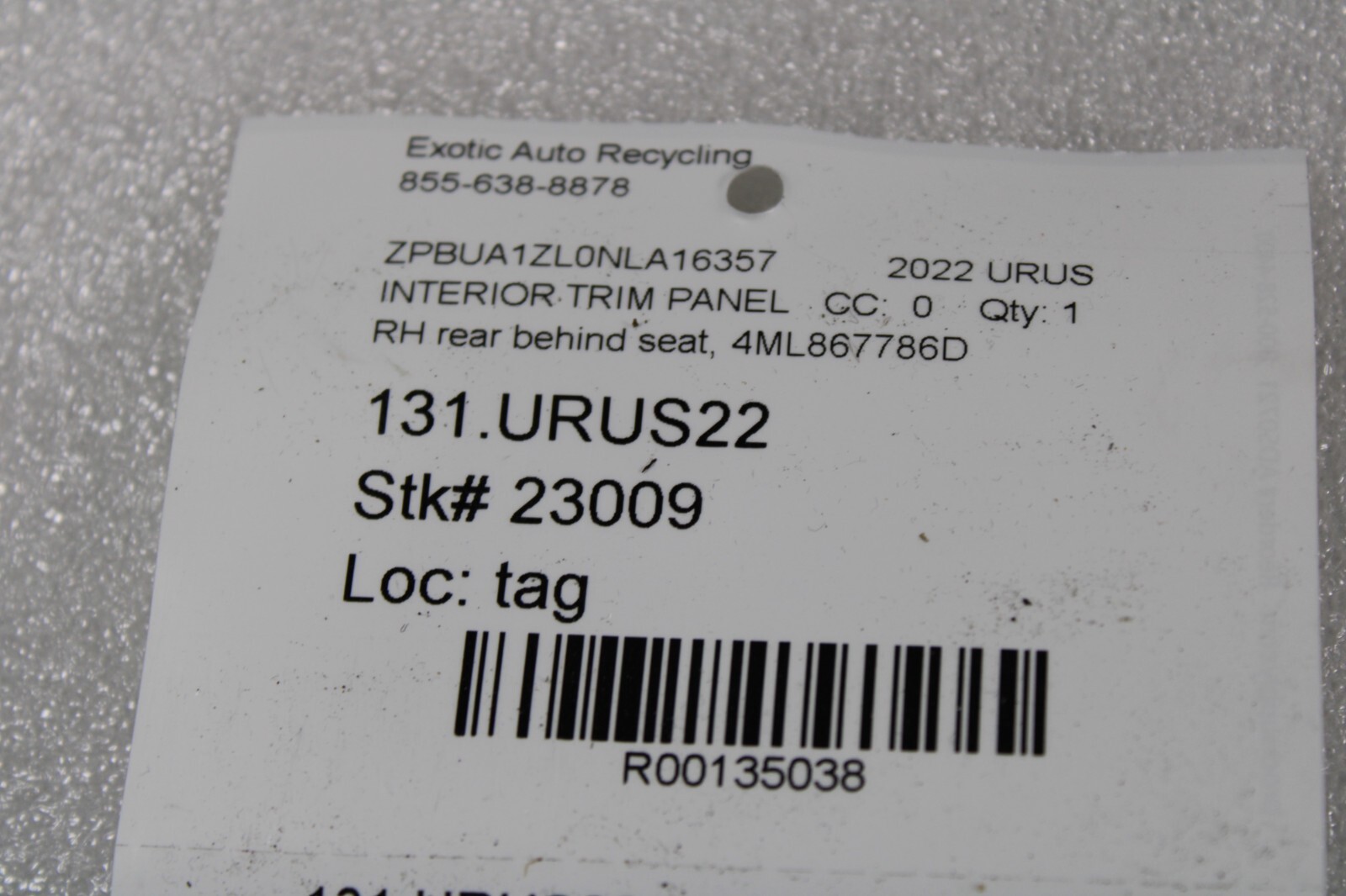 Lamborghini Urus, RH, Right, Rear Panel Cover, Used, P/N 4ML867786D