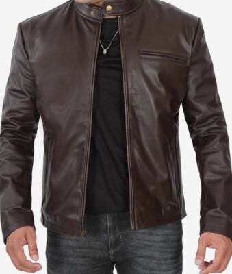 Men's New Design Moto Racer Biker Genuine Cowhide Dark Brown Leather Jacket
