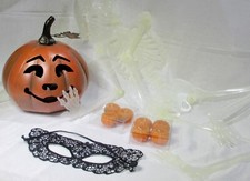 Box of Decorations , Halloween , Jack O' Lantern lamp, candles, skeleton,  mask