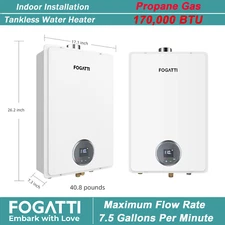 FOGATTI 170,000 BTU Propane Gas Tankless Water Heater For Whole House Use 7.5GPM