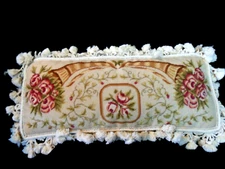 Floral Petit Point 10"X22" Rectangular Pillow Tassels Fringe Wool w Velvet Back