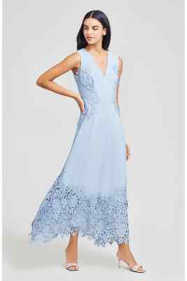 $1890 NEW Lela Rose V Neck Midi Dress Fluid Crepe w Lace Details Sky Blue 4  6 , | eBay