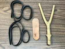 Vintage 1950s Wooden Slingshot Wood Rubber Leather Branch Farm Estate Sale Find