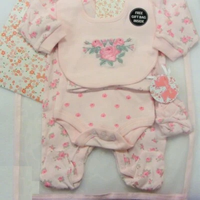 MINI MOI CLOTHING GIFT SET BABY GIRL PINK FLORAL SLEEPSUIT BABY GROW OUTFIT NEWBORN - 6 M