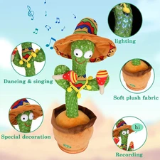 Dancing Cactus Repeat Talking Singing Glow Interactive Plush Toy for Kids Gift