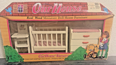 VTG - NOS - Our House Miniature Doll House Baby Nursery Furniture Real Wood 1:12
