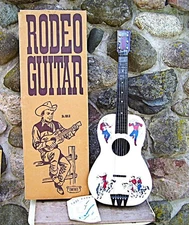 VINTAGE 1955 EMENEE RODEO TOY GUITAR  W/BOX & SONG BOOK ~ WESTERN COWBOY DECOR