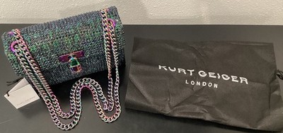 Kurt Geiger Mini Brixton Iridescent 8''x5.5''x2.25'' Lock Metallic Fabric Crystals