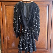 ASOS Black Polka Dot Mini Dress Size 8 Ruffle Skirt W/ Lace Trim Balloon Sleeve