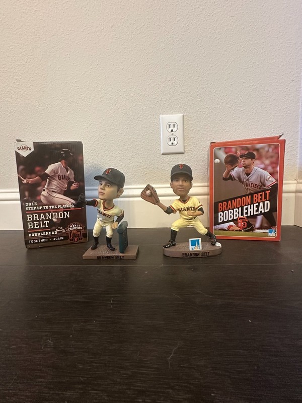 Brandon Belt Giants Bobblehead Lot of 2 w/Boxes + 2013 Ticket SGA